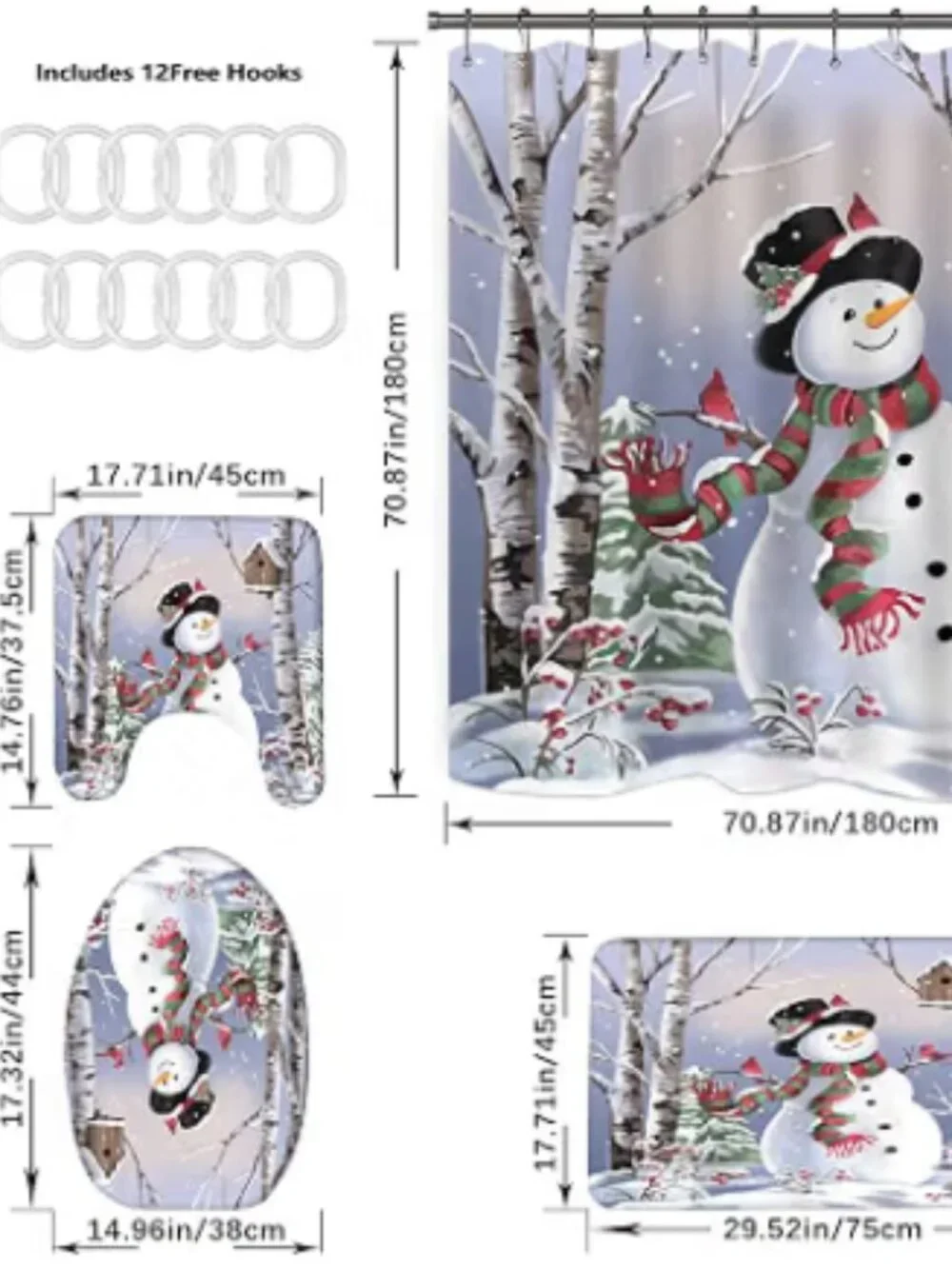 Snowman in Forest Shower Curtain w/Rings & Bathroom Rugs Set